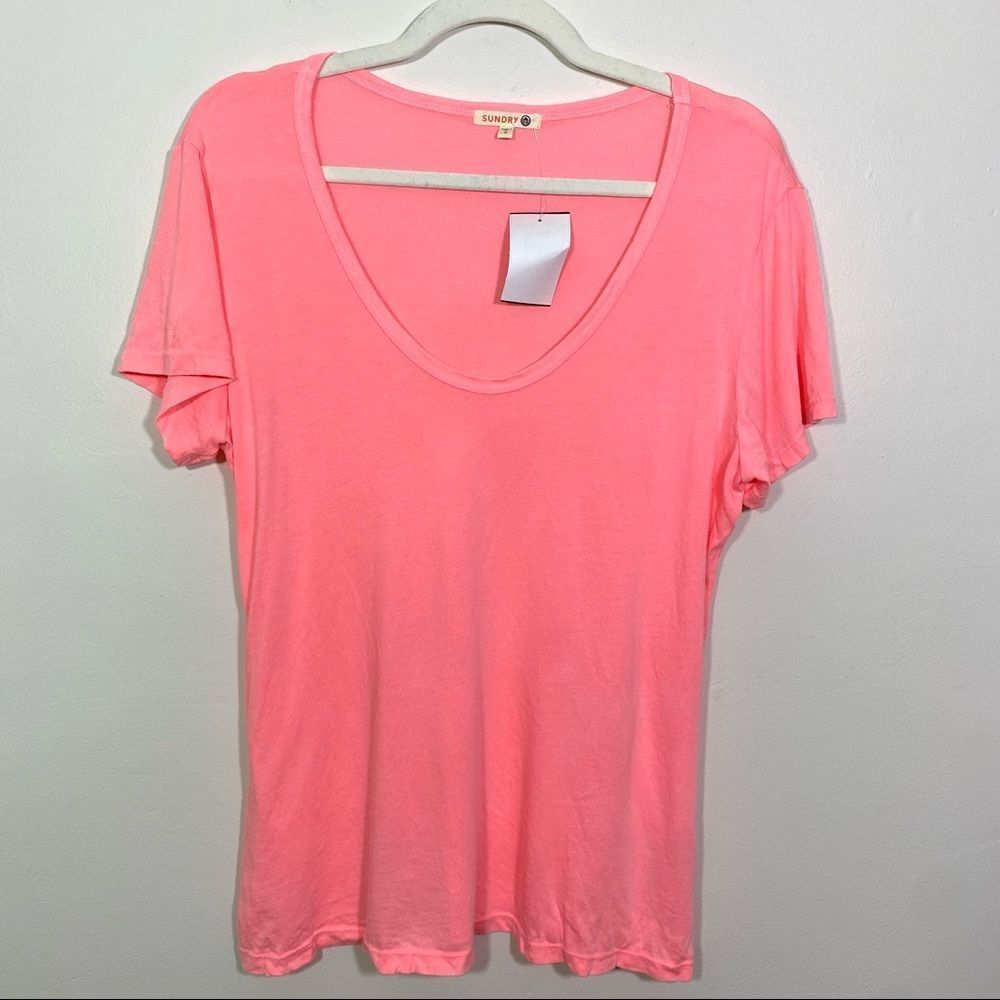 ANTHROPOLOGIE Sundry 100% Cotton Crew Neck T-Shirt in Neon Pink - Size Large